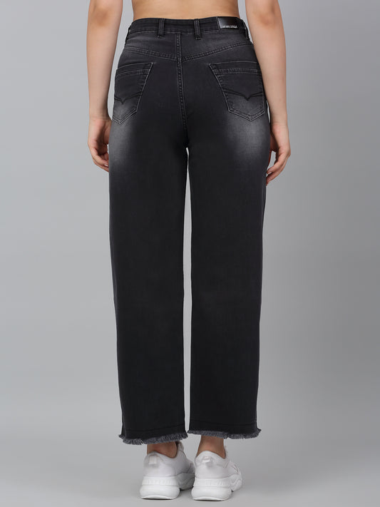 Women's Black Solid Wide Leg Stretchable Jeans