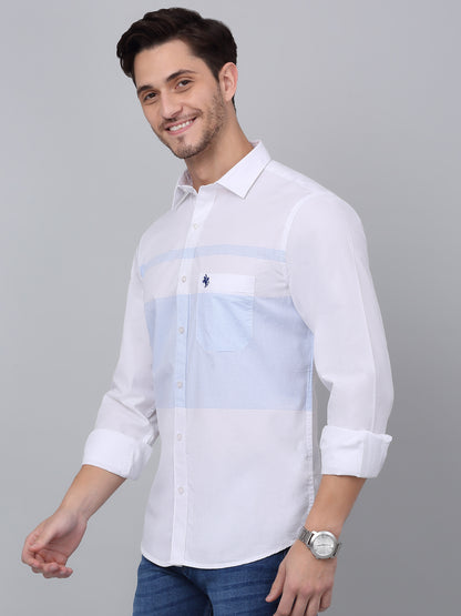 Men's Sky Blue Casual Horizontal Placement Stripe Full Sleeve Shirt