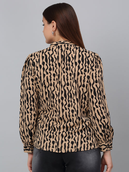 Women Brown Printed Mandarin Collar Casual Tunic