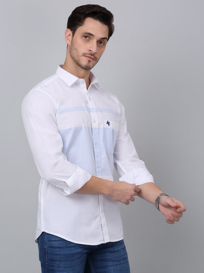 Men's Sky Blue Casual Horizontal Placement Stripe Full Sleeve Shirt