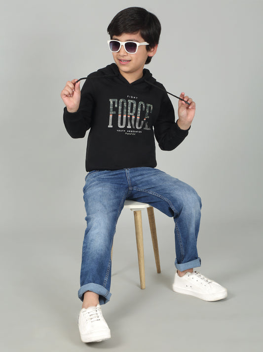 Boys Black Printed Hooded Neck Full Sleeves Casual Sweatshirt
