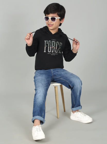 Boys Black Printed Hooded Neck Full Sleeves Casual Sweatshirt