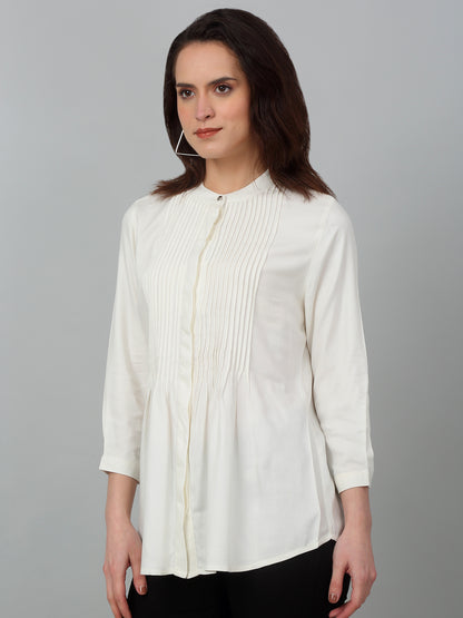 Women's Casual  Offwhite Solid Mandarin Collar Tunic