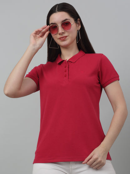 Women's Casual Regular Short Sleeve Pink Polo neck  T-Shirt