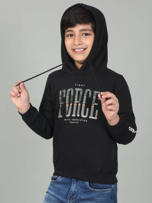 Boys Black Printed Hooded Neck Full Sleeves Casual Sweatshirt