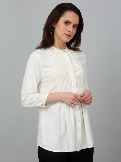 Women's Casual  Offwhite Solid Mandarin Collar Tunic