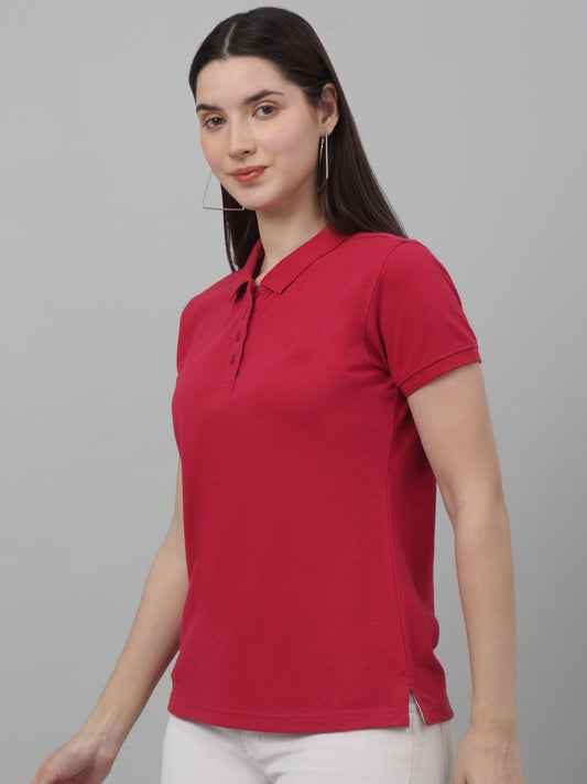 Women's Casual Regular Short Sleeve Pink Polo neck  T-Shirt