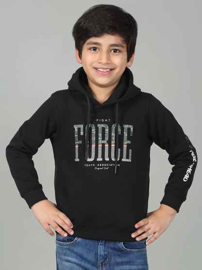 Boys Black Printed Hooded Neck Full Sleeves Casual Sweatshirt