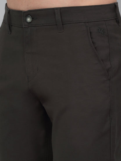 Men's Olive Green Solid Non-Pleated Casual Trouser