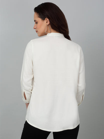 Women's Casual  Offwhite Solid Mandarin Collar Tunic