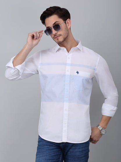 Men's Sky Blue Casual Horizontal Placement Stripe Full Sleeve Shirt