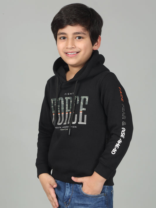 Boys Black Printed Hooded Neck Full Sleeves Casual Sweatshirt