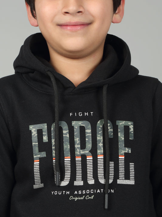 Boys Black Printed Hooded Neck Full Sleeves Casual Sweatshirt