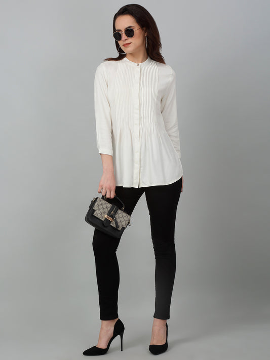 Women's Casual  Offwhite Solid Mandarin Collar Tunic