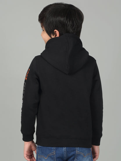 Boys Black Printed Hooded Neck Full Sleeves Casual Sweatshirt