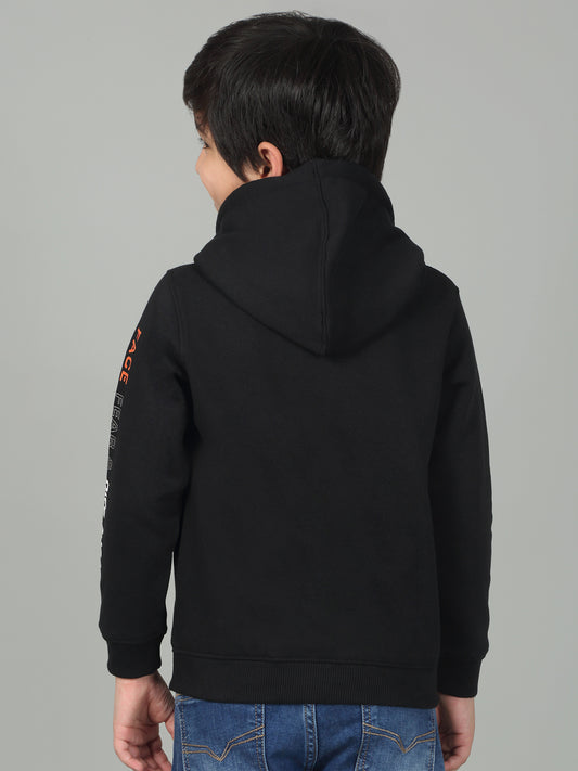 Boys Black Printed Hooded Neck Full Sleeves Casual Sweatshirt