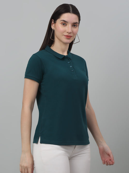 Women's Casual Regular Short Sleeve Teal Polo neck  T-Shirt