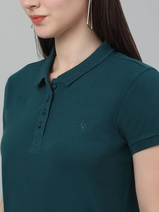 Women's Casual Regular Short Sleeve Teal Polo neck  T-Shirt