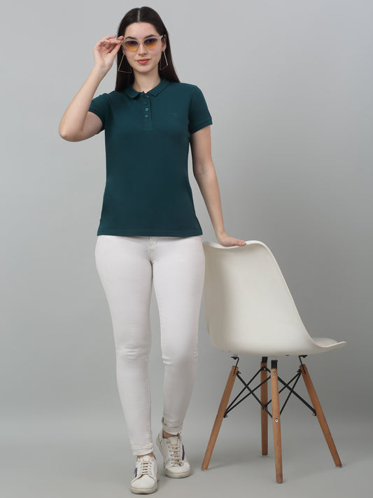 Women's Casual Regular Short Sleeve Teal Polo neck  T-Shirt