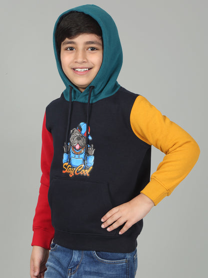 Boys Navy Blue Printed Hooded Neck Full Sleeves Casual Sweatshirt