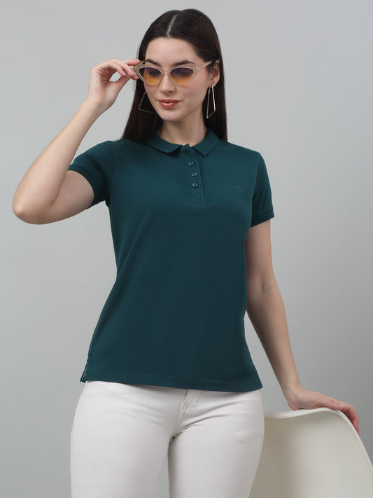 Women's Casual Regular Short Sleeve Teal Polo neck  T-Shirt