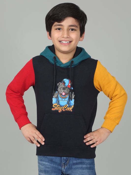 Boys Navy Blue Printed Hooded Neck Full Sleeves Casual Sweatshirt