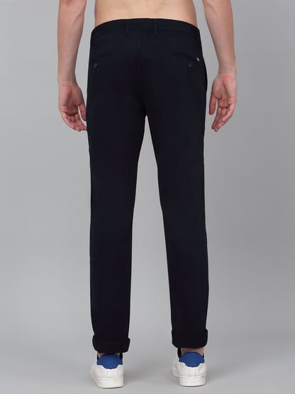 Men's Navy Blue Solid Non-Pleated Casual Trouser