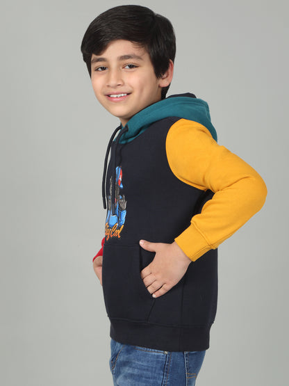 Boys Navy Blue Printed Hooded Neck Full Sleeves Casual Sweatshirt