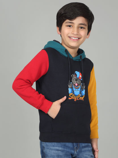Boys Navy Blue Printed Hooded Neck Full Sleeves Casual Sweatshirt