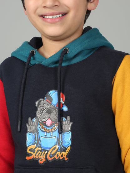 Boys Navy Blue Printed Hooded Neck Full Sleeves Casual Sweatshirt