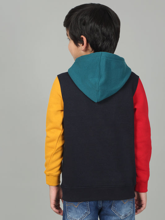 Boys Navy Blue Printed Hooded Neck Full Sleeves Casual Sweatshirt