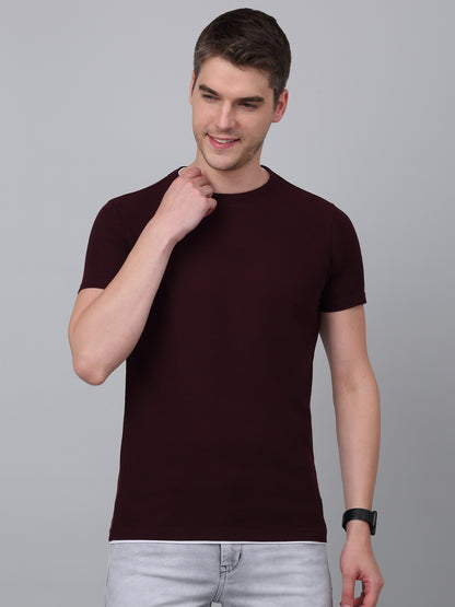 Men's Wine Solid Round Neck T-shirt