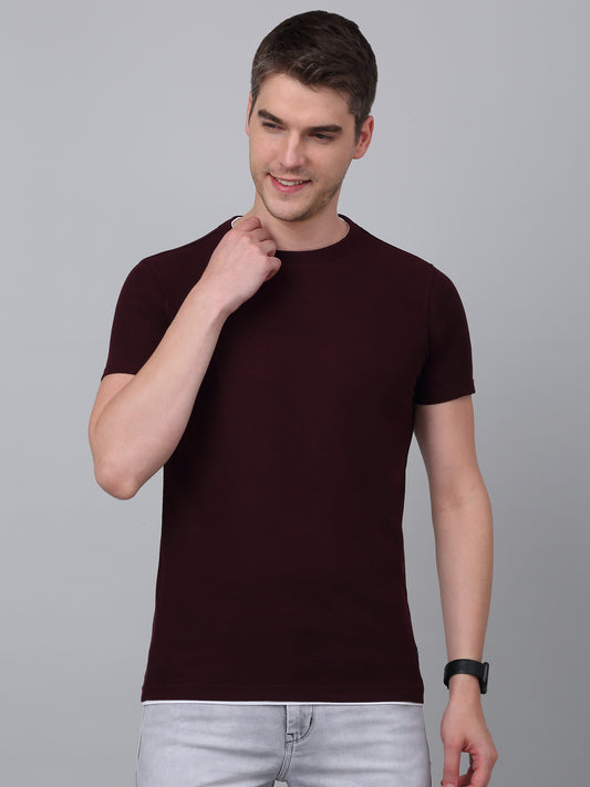 Men's Wine Regular Fit Solid Half Sleeve Casual T-Shirt