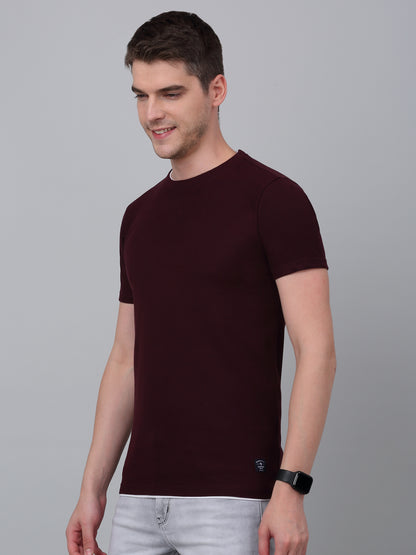 Men's Wine Solid Round Neck T-shirt