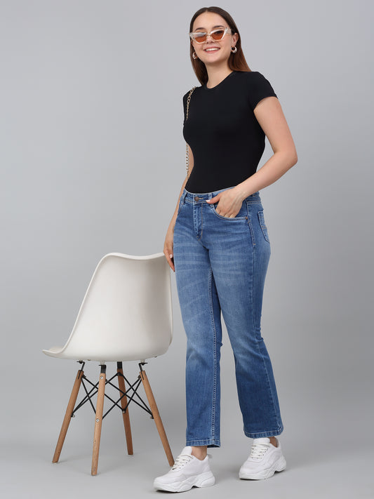 Women's Blue Solid Bootcut Stretchable Jeans