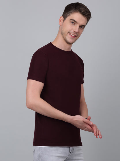 Men's Wine Solid Round Neck T-shirt