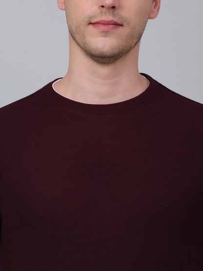 Men's Wine Solid Round Neck T-shirt