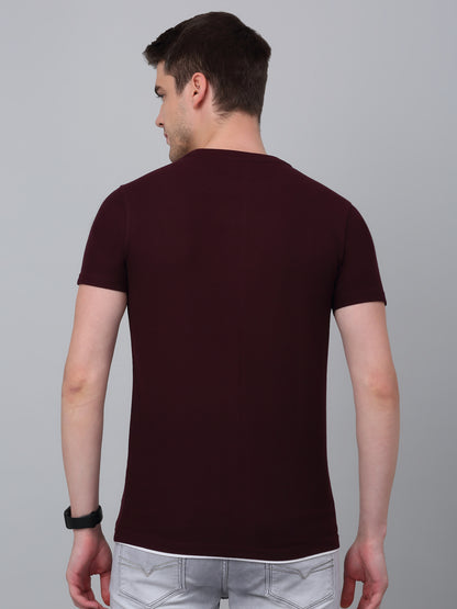 Men's Wine Solid Round Neck T-shirt