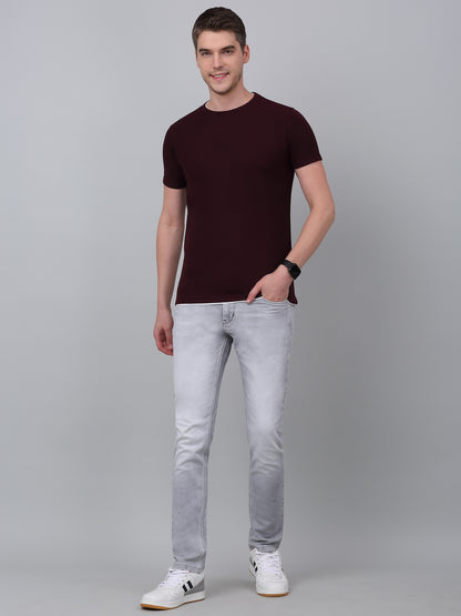 Men's Wine Solid Round Neck T-shirt