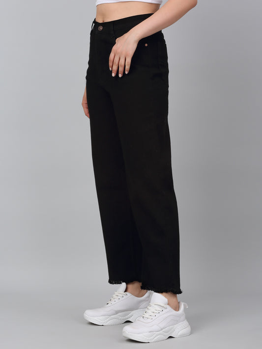 Women's Black Solid Wide Leg Stretchable Jeans