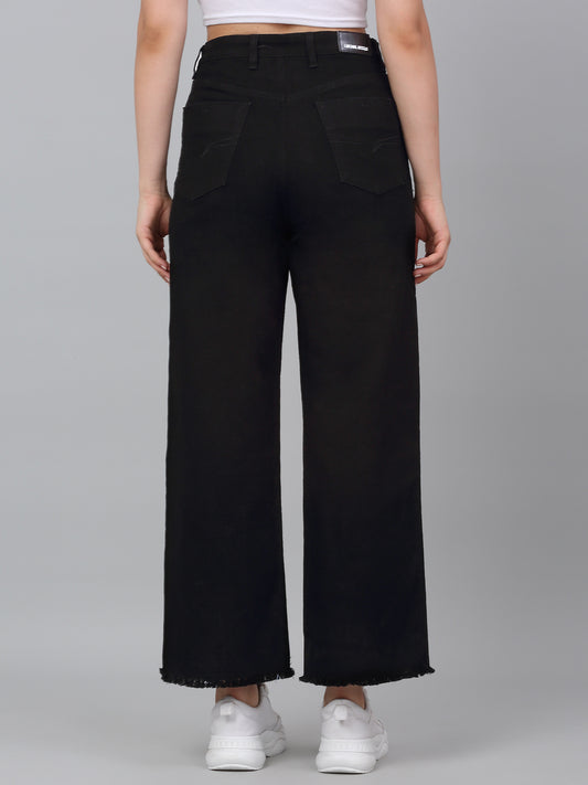 Women's Black Solid Wide Leg Stretchable Jeans