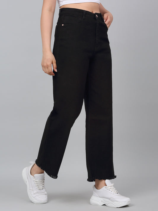Women's Black Solid Wide Leg Stretchable Jeans