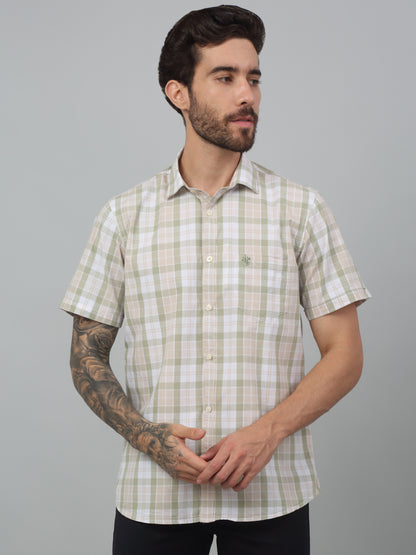 Men's Olive Green Casual Big Checks Half sleeve Shirt