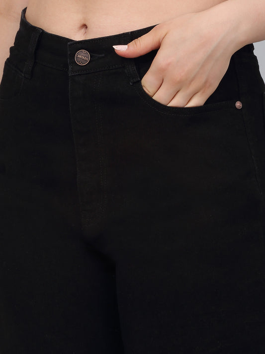 Women's Black Solid Wide Leg Stretchable Jeans
