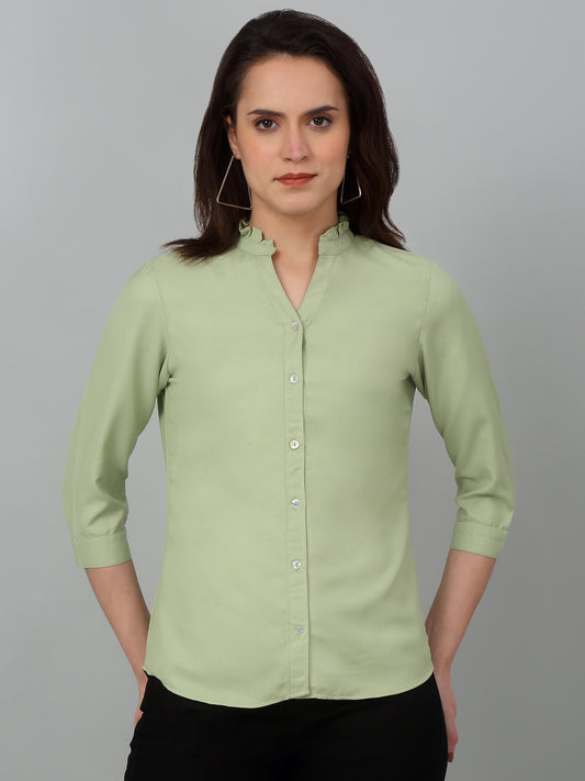 Women's Casual  Green Solid Mandarin Collar Top