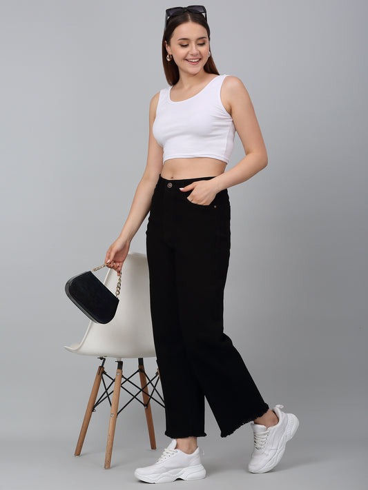 Women's Black Solid Wide Leg Stretchable Jeans