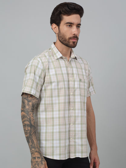 Men's Olive Green Casual Big Checks Half sleeve Shirt