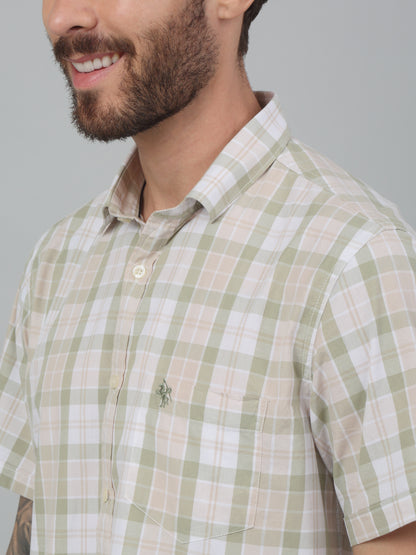 Men's Olive Green Casual Big Checks Half sleeve Shirt