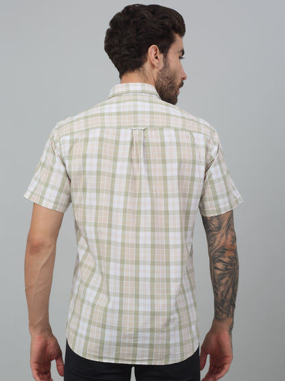 Men's Olive Green Casual Big Checks Half sleeve Shirt