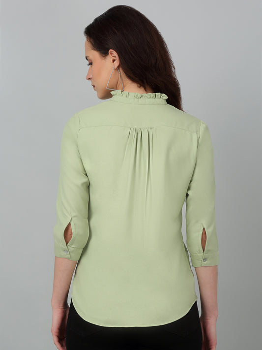 Women's Casual  Green Solid Mandarin Collar Top